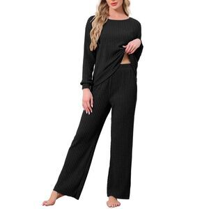 Ribbed Knit 2 Piece Long Sleeve Top and Pants Pajamas Sets Black
